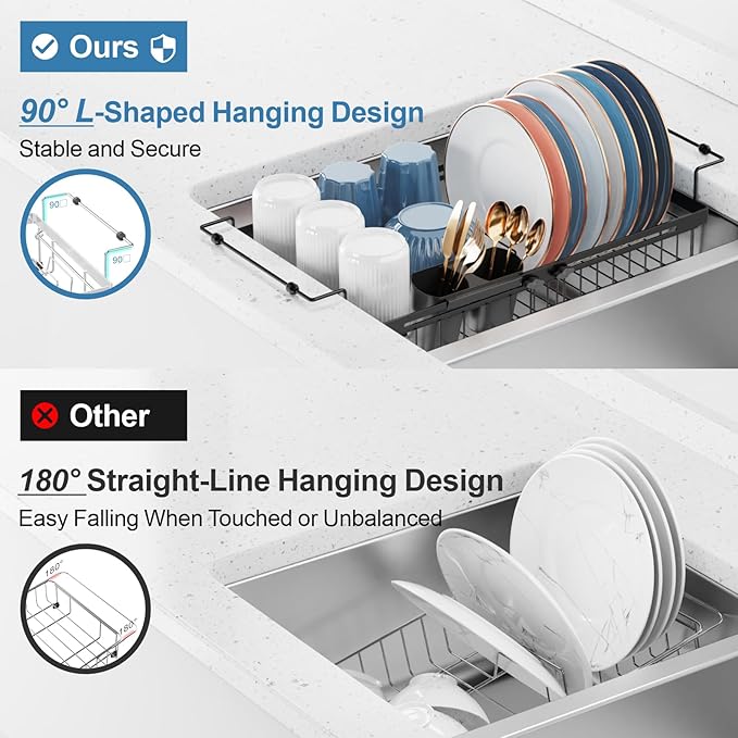 iSPECLE Expandable Dish Drying Rack with Silicone Mat for Large Kitchen Sink or On Counter, Rust Resistant Adjustable Over the Sink Dish Drainer with Tightening Knob, 12.8" W x 15.8"-20.7" L, Black