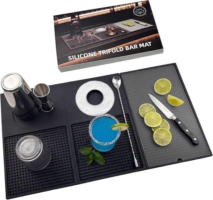 12'' x 22'' Silicone Cocktail Bar Mat for Bartending & Home Bar - Multifunctional Folding Drink Mat with Cutting Board - Portable Black Bar Countertop Accessories & Spill Mat(Black)