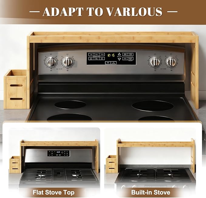 Over The Stove Shelf Wooden,Bamboo Spice Rack for Above the Kitchen Hob,31.5-inch Spice Storage Rack,Height-Adjustable, 50-pound Weight Capacity, Easy to Assemble (Wood colour)