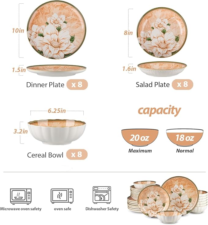 24 Pcs Service for 8 Ceramic Dinnerware Set, Elegant Camellia | Thanksgiving Dinner, Vintage Table Deco, Stackable Porcelain Plates and bowls, Microwave & Dishwasher Safe