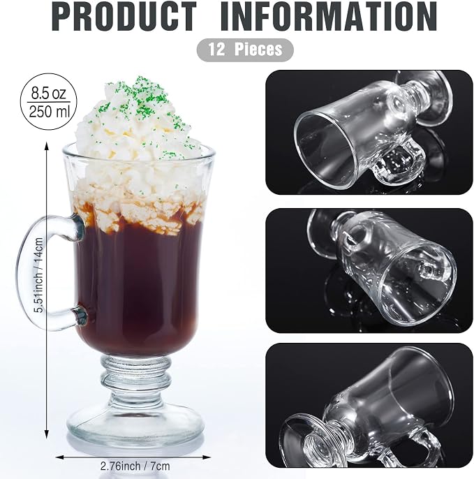 Sieral 12 Pieces Irish Coffee Mugs Bulk 8.5 oz Irish Coffee Glass with Handle Clear Glass Mugs for Wedding Prom Graduation Party Ice Cream Tea Hot Chocolate Espresso Cappuccino Latte Cups