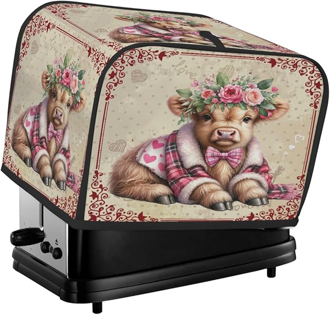 Valentine Day Highland Cow Toaster Cover 4 Slice Dust and Fingerprint Protection Toaster Bread Maker Covers Washable Kitchen Small Appliance Covers for Kitchen Accessories Decor Bakeware Women Gift