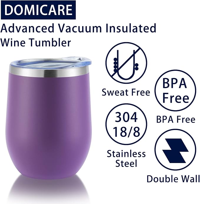 DOMICARE Stainless Steel Wine Tumbler Bulk with Lid, Personalized Insulated Tumblers Set, 12oz Travel Coffee Cups Pack of 1, Purple
