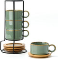 LUKA 6 Ounce Porcelain Stackable Espresso Cups with Saucers and Metal Stand Set of 4, Ceramic Cappuccino Cups Set for Specialty Coffee Drinks, Latte, Cafe Mocha and Tea, Wild Sage Earth