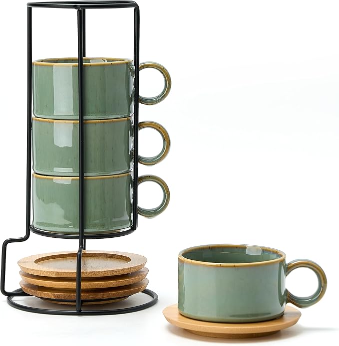 LUKA 6 Ounce Porcelain Stackable Espresso Cups with Saucers and Metal Stand Set of 4, Ceramic Cappuccino Cups Set for Specialty Coffee Drinks, Latte, Cafe Mocha and Tea, Wild Sage Earth