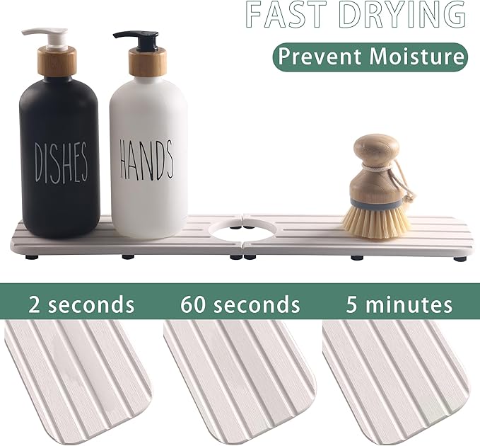 NiuYichee 17inch x 4inch Kitchen Sink Faucet Mat, Water Absorbing Stone Faucet Splash Guard for Bathroom Counter, Quick Drying Diatomite Tray for Kitchen Sink, White