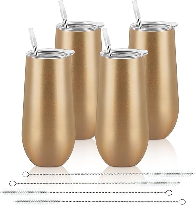 Lifecapido 4 Pack Stemless Champagne Tumblers, 12oz Insulated Champagne Flutes with Lid, Insulated Champagne Glass, Champagne Flute Tumbler, Great Gift for Birthday Party Wedding Christmas (Gold)