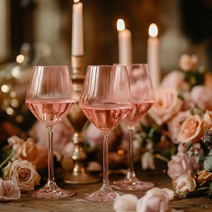 Elegant Pink Wine Glasses Set of 6 – Hand Blown Tulip Shape Long Stem Glassware – 15oz Pink Wine Glasses for Women, Wedding, Party, Bridesmaid Gift, Fancy Champagne or Rosé Goblets
