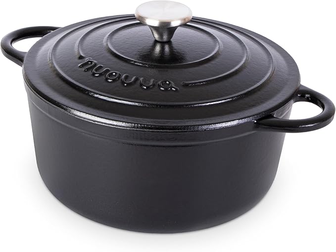 Cast Iron Pot with Lid-Non-Stick Ovenproof Enamelled Casserole Pot, Oven Safe up to 500° F-Sturdy Dutch Oven Cookware - Black, 5-Quart, 24cm-by Nuovva
