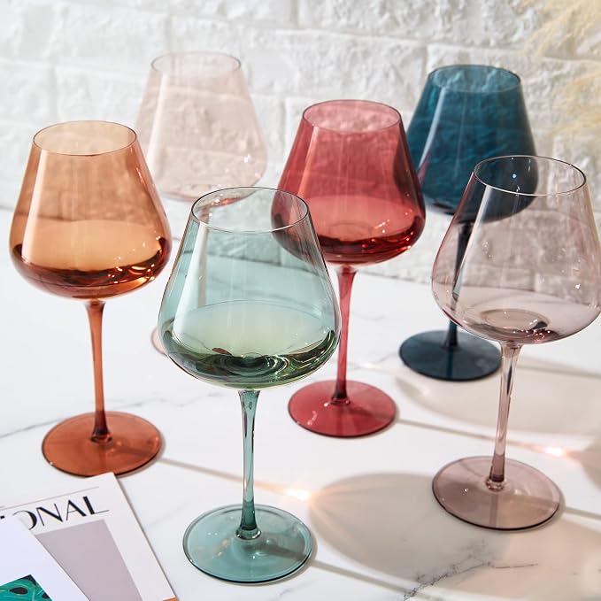 Colored Crystal Wine Glasses Set of 6, Gift Wife, Her, Mom, Friend - Large 18.5oz Glass, Italian Style Tall Stemmed Drinkware, Long Stem Wines, Dinner, Color Beautiful Glassware, Luxury, Hand-Blown