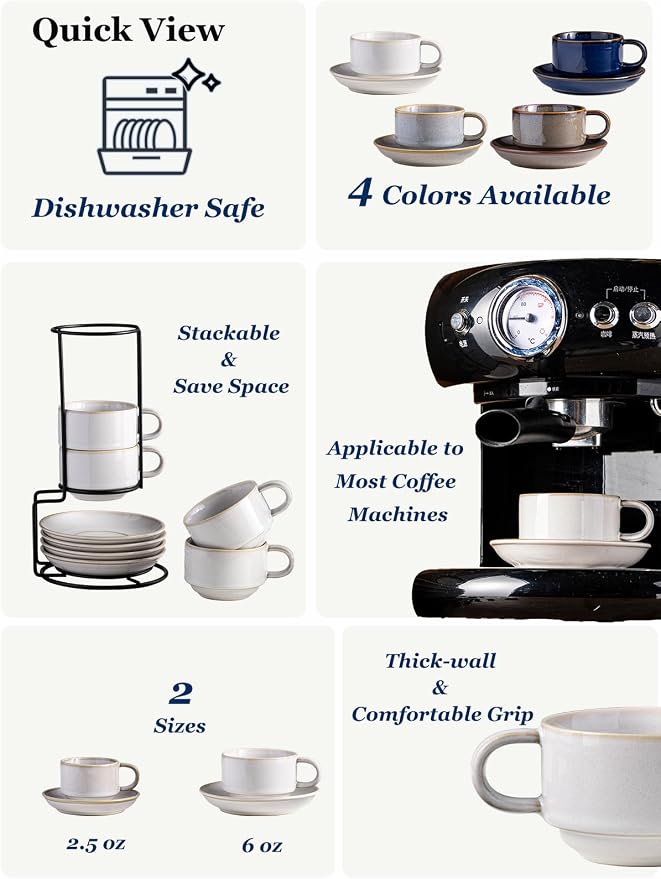 Gomakren 6 Ounce Cappuccino Cups with Saucers and Metal Stand, Stackable Coffee Cup Set of 4, Father's Day Porcelain Espresso Cups for Coffee Drinks, Cappuccino, Latte, Americano, Tea, White