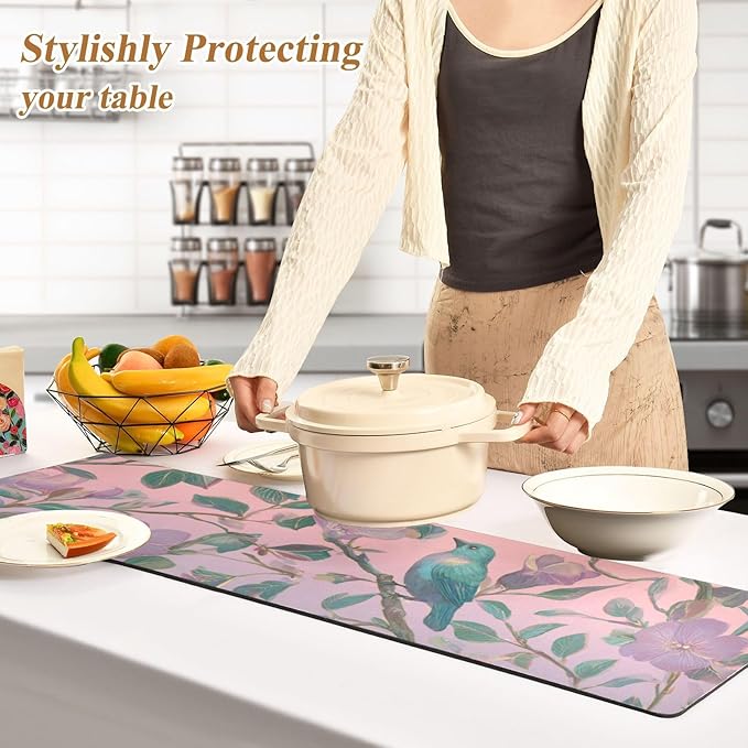 2-in-1 Table Runner Trivet for Hot Dishes Heat Resistant Hot Plate Mat Pad 39x12 Inch Waterproof Table Protector Trivets for Countertop Non Slip Decorative Vintage Birds and Pink Flowers
