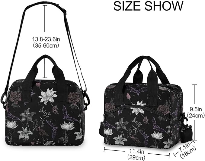 Insulated Lunch Bag Reusable Lunch Tote Bag Cooler Bag for Women Men Adult Lunch Box with Adjustable Shoulder Strap Leakproof Lunch Bag for Work Picnic Camping (Goth Bat Flower)