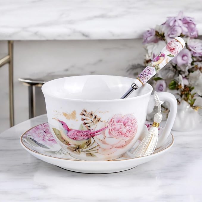 STP GOODS Bone China Tea/Coffee Cup and Saucer in Gift Box Fine Set of One (Birds in Rose Garden)