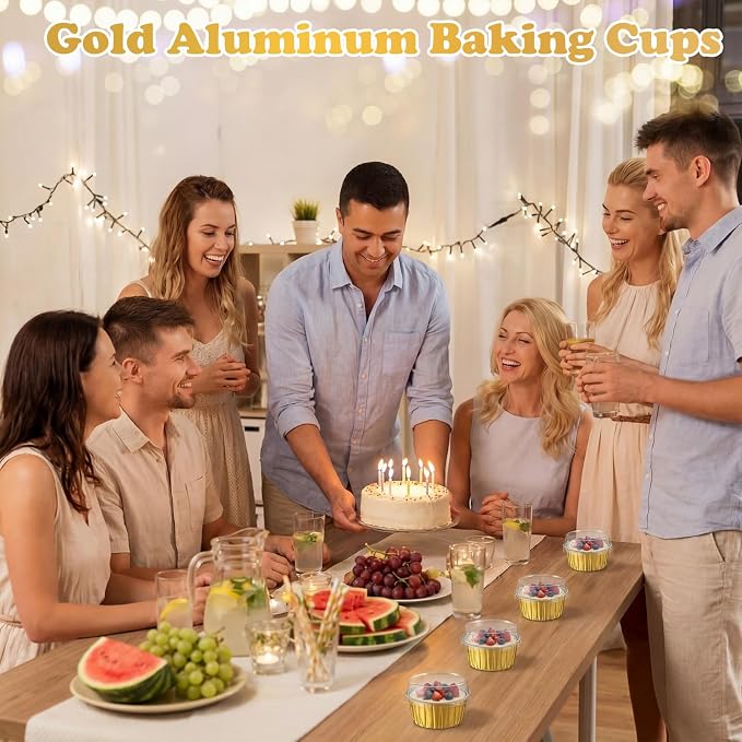 Gejoy 600 Pcs Aluminum Foil Baking Cups with Lids 5 oz Disposable Ramekins Mini Cake Pans Creme Brulee Cupcake Liners Muffin Dessert Container for Wedding Birthday Party (Classic,Gold Color)