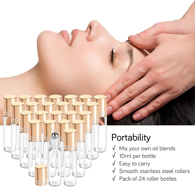 PrettyCare 24 Pack, 10 ml Essential Oil Roller Bottles with Stainless Steel Roller Ball - Refillable Leak-proof Empty Thick Clear Glass Roll on Bottles with Metal Caps for Travel, Perfume