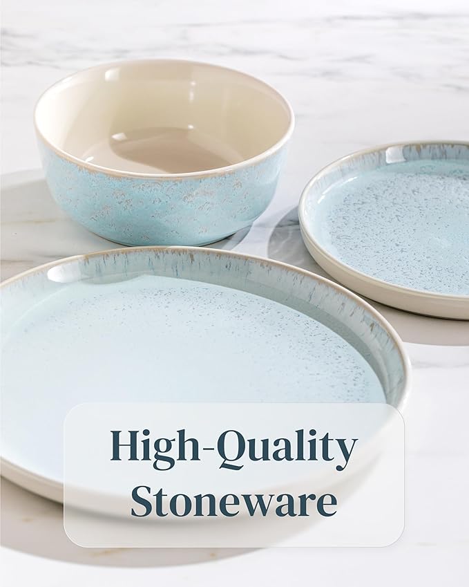 12 Piece Stoneware Dinnerware Set for 4 - Handmade Reactive Glaze Plates and Bowls Set - Chip & Scratch Resistant Dish Set - Dishwasher Microwave Safe - Light Beige & Blue