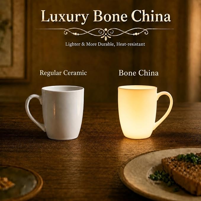 Plain White Fine Bone China Blank Coffee Mugs Set of 4, 11 Oz Tea Cups with Large Handle, Lightweight Ceramic Coffee Mugs, Aesthetic Coffee Cups
