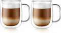 CNGLASS Large Double Wall Glass Coffee Mug 15.2oz,Clear Insulated Glass Espresso Cup with Big Handle,set of 2