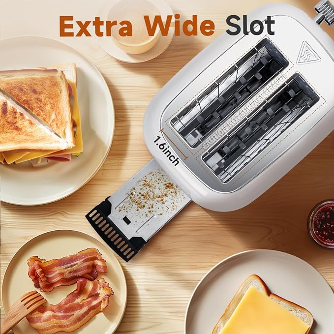 Aigostar Retro 2 Slice Toaster, Stainless Steel, White | Extra Wide Slots, Bagel Function, Cancel & Defrost, 6 Shade Settings, Removable Crumb Tray