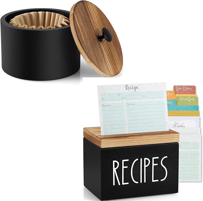 Coffee Filter Holder, Wood Filter Storage Container for Counter&Recipe Box, Wood Recipe Card Box Set, Recipe Box with 100 Cards and 6 Dividers