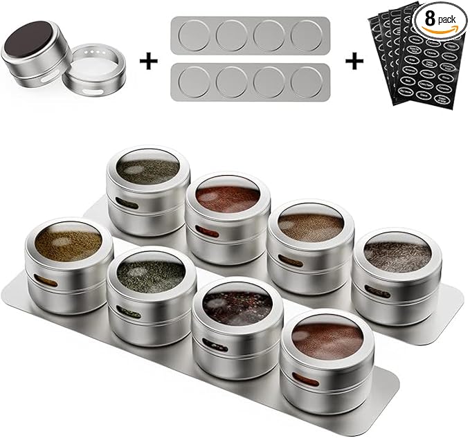 Vetacsion Set of 8 Magnetic Spice Tins with 2 Metal Wall-Plates,100 Preprinted Seasoning Label Stickers,2 Styles for 3 oz Herb Jars