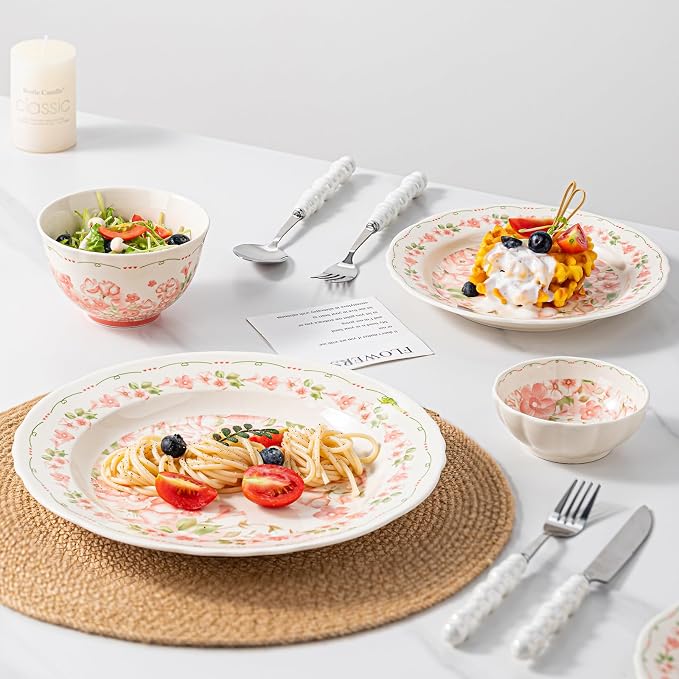 16-Piece Dinnerware Set for 4, Ceramic Plates and Bowls Sets, Microwave & Dishwasher Safe Dish Sets for Daily Use & Gifting, with Morning Bloom Floral Vine Pattern
