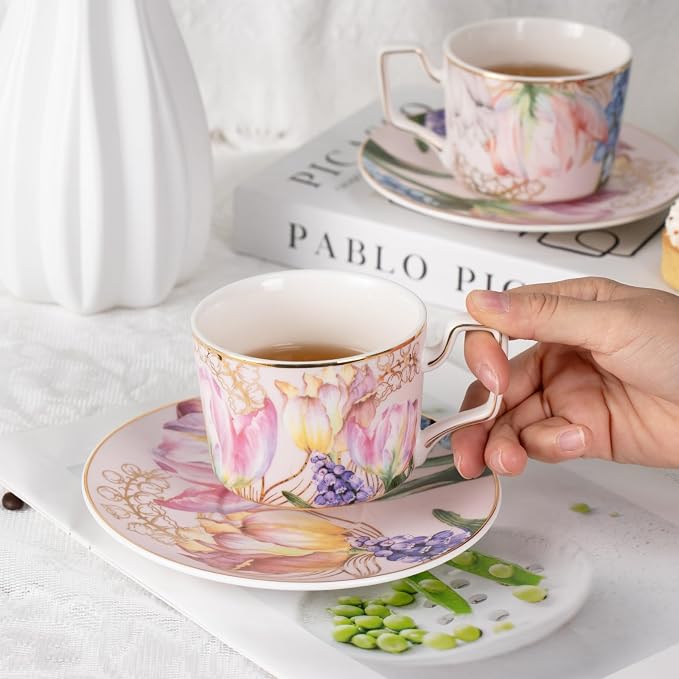 KAMMAK Tea Cups and Saucers Set of 2, Porcelain Coffee Cups, Stackable Espresso Mugs, Ceramic Demitasse for Coffee, Latte, Americano, Tea, Turmeric - Gold