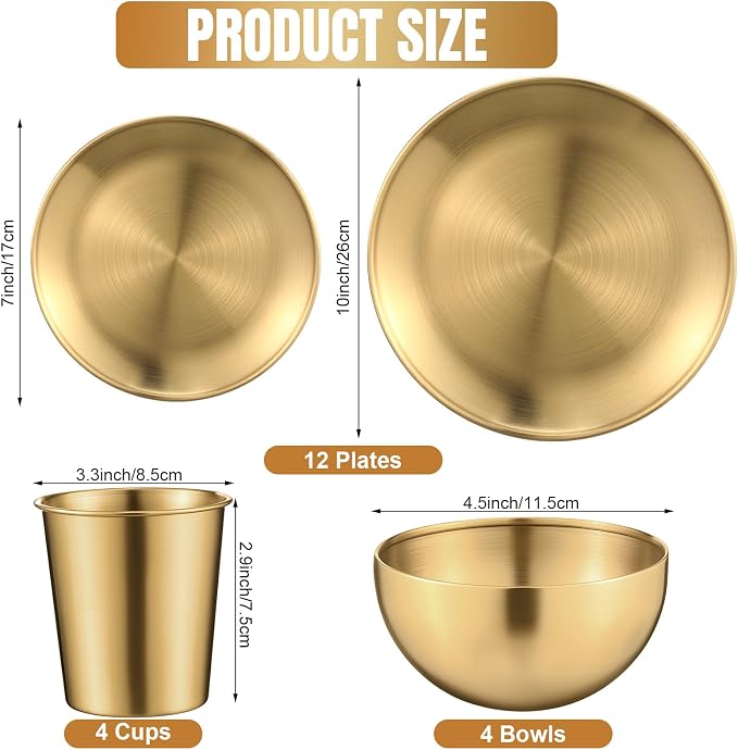 Jinei 24 Pcs 304 Stainless Steel Dinner Set Include 7 Inch 10 Inch Stainless Steel Plates, Bowls and Cups, Reusable Metal Utensils Dinnerware for Home Outdoor Picnic Kitchen (Gold)