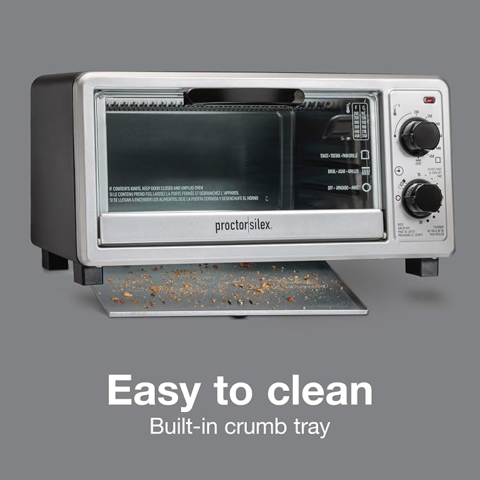 Proctor Silex 4 Slice Countertop Toaster Oven | Bake, Broil, Toast | 200-450⁰F Adjustable Temp | 30 Minute Timer | Automatic Shutoff | Black and Silver | 31260G