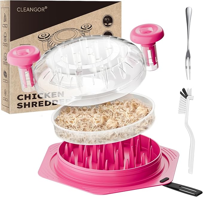 Cleangor Chicken Shredder Tool Twist Large, BPA Free Meat Shredder with Ergonomic Handle, Non-Slip Food Shredder Tool for Pork, Beef, Set of Chicken Breast Shredder with Brush & Fork (1, Pink)