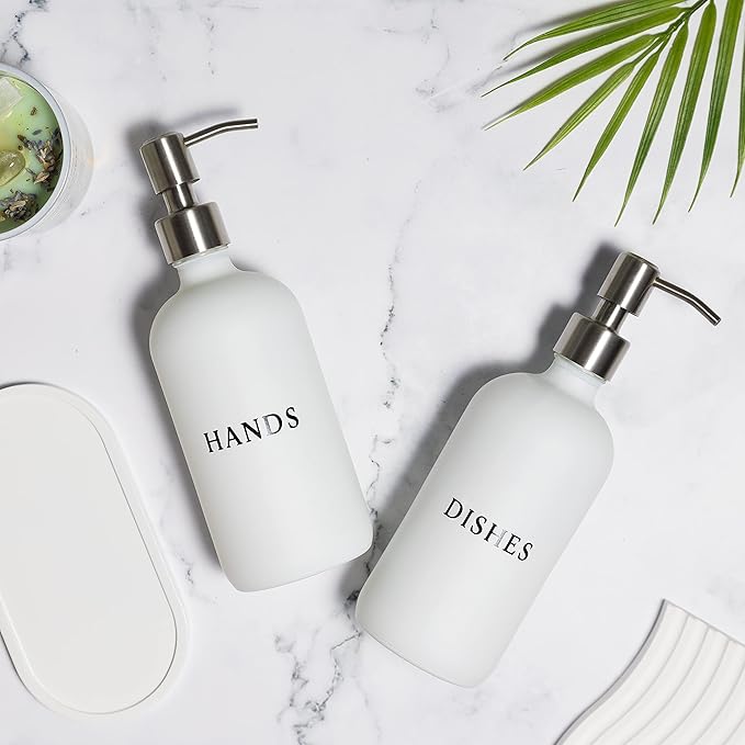 Glass Hand and Dish Soap Dispenser Set with Bamboo Tray – 16 oz Kitchen Soap Dispenser Set, Stainless Steel Pumps, Silicone Funnel – Modern Farmhouse Kitchen Sink Decor and Accessories