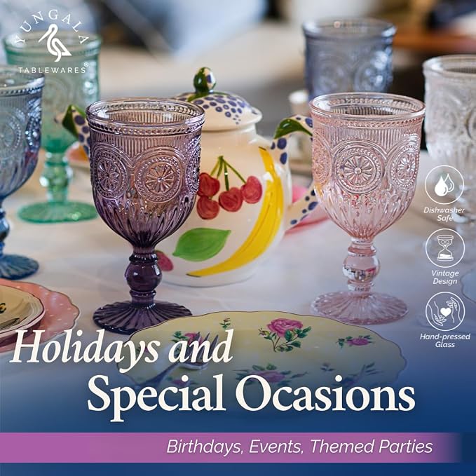 Purple Wine Glasses set of 6 purple goblets. GLASS goblets for wine, water or cocktails, vintage glassware and DISHWASHER SAFE, colorful glassware.