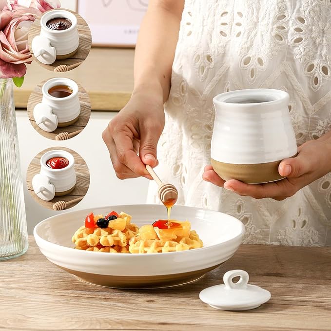 Ceramic 12 Ounce Honey Jar and Dipper Set,Porcelain Honey Pot with Lid and Wooden Dipper,Cute Honey Containers for Party,Holiday,Halloween Favors,Farmhouse Kitchen Decor,Dishwasher Safe,White