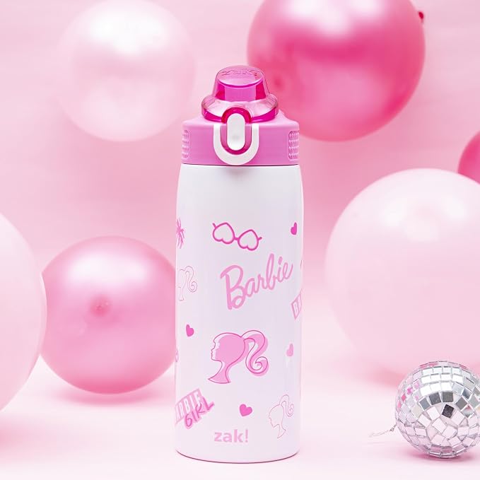 Zak Designs Barbie Sage Kids Water Bottle For School or Travel, 19oz Stainless Steel Water Bottle With Straw, Handle, and Leak-Proof, Pop-Up Spout Cover (Barbie)