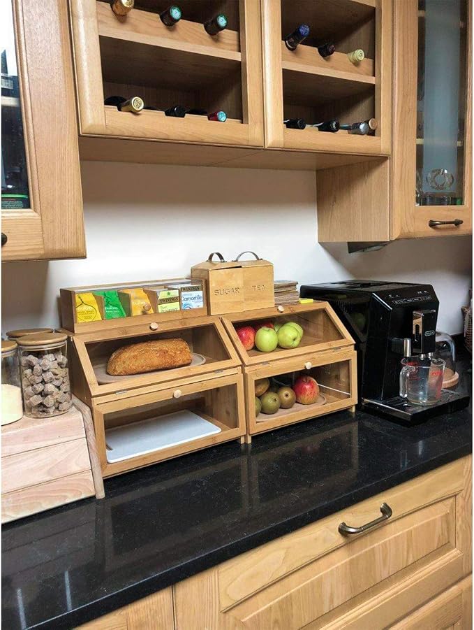 HOMEKOKO Double Layer Large Bread Box for Kitchen Counter, Natural Bamboo | Bread Storage Bin, Wooden, Large Capacity, See Through, Easy Assembly