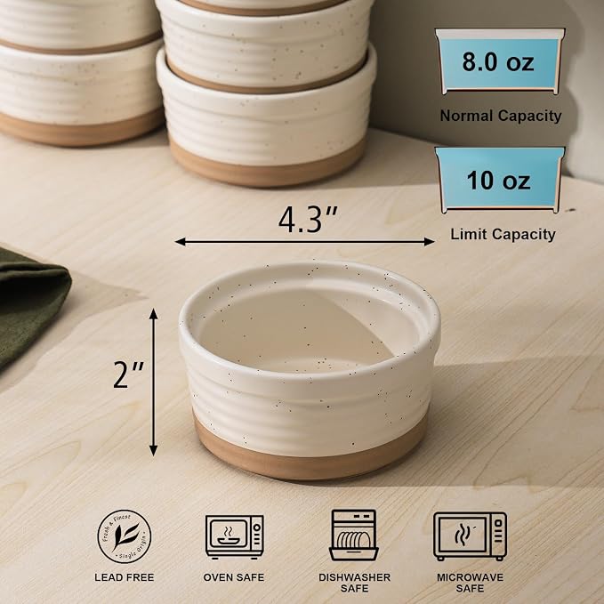 Frewinky Ceramic Ramekins 10 oz Set of 6 for Creme Brulee and Souffle Cups | 10 oz ceramic ramekins for creme brulee, souffle, lava cakes and baked desserts, with an oven-safe, stackable design.