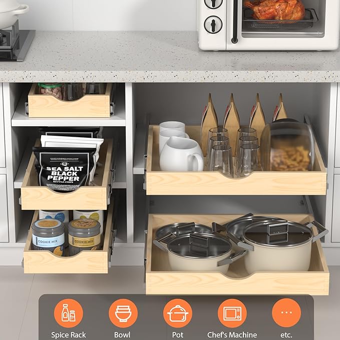 ZOINLIY 27''W X 21''D X 3''H Wooden Pull Out Drawer for Cabinet, Cabinet Organizer for Kitchen, Soft Close Slide Out Shelves, Heavy Duty, Fully Expandable - Bottom Mounting
