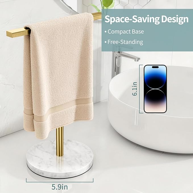 Gypie Gold Hand Towel Holder Stand T-Shape, Countertop Towel Rack for Bathroom Kitchen, Towel Holder Marble Base