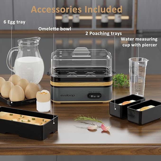 Evoloop Rapid Egg Cooker Electric 6 Eggs Capacity, Soft, Medium, Hard Boiled, Poacher, Omelet Maker Egg Poacher With Auto Shut-Off, BPA Free