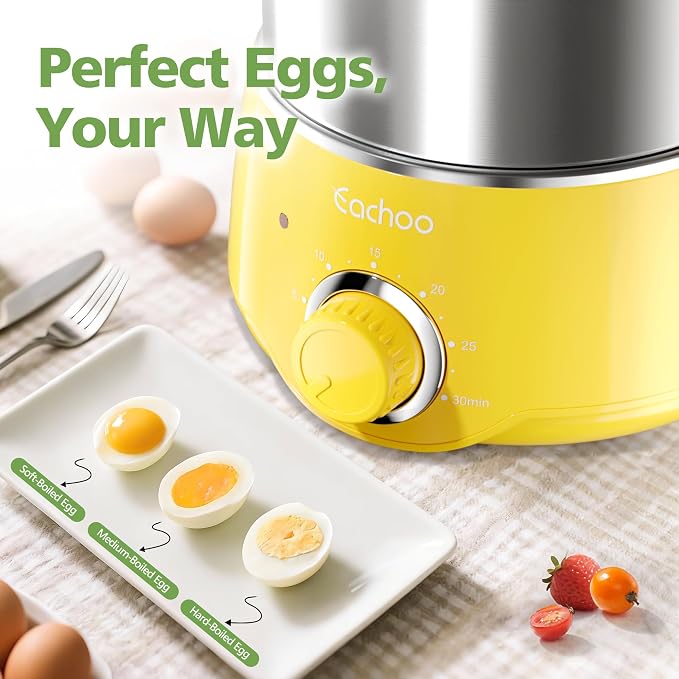CACHOO Hard Boiled Egg Cooker, Stainless Steel Egg Boiler with 30-Min Timer | 14 Eggs, Auto Shut Off & Dishwasher Safe, Compact Electric Vegetable Steamer for Cooking, Yellow