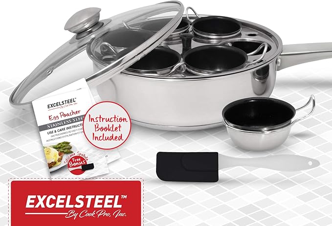 EXCELSTEEL Non Stick Easy Use Rust Resistant Home Kitchen Breakfast Brunch Induction Cooktop Egg Poacher, 6 Cup, Stainless Steel, Round