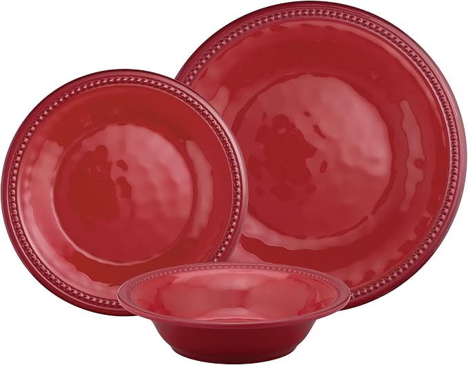 UPware 12 Piece Beaded Melamine Dinnerware Sets, Outdoor Dishes Set, Plates and Bowls Sets, Service for 4, Red