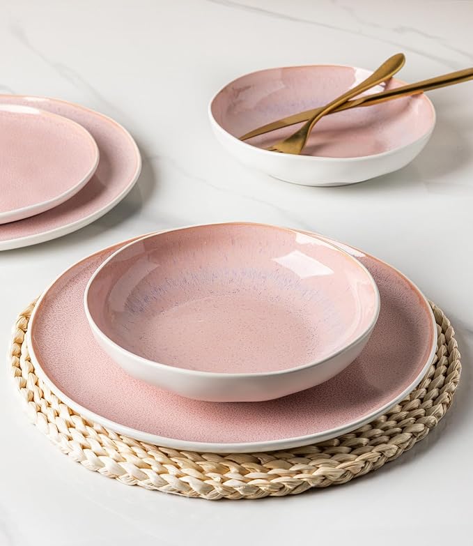 GBHOME Stoneware Dinnerware Sets for 6, 18 Pieces Rustic Ceramic Plates and Bowls Set, Handmade Reactive Glaze Plate Sets, Highly Chip Resistant Dishes, Microwave & Dishwasher Safe, Pink
