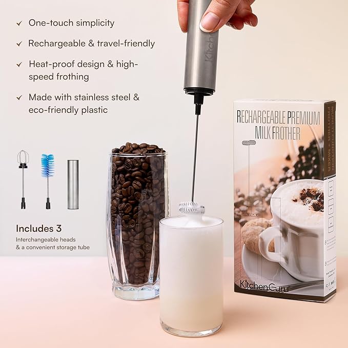 Levare Milk Frother Handheld Rechargeable - Electric Frother with 3 Whisk Attachments - High Speed Milk Mixer Motor with USB-C Charging Port - Versatile Mixer for Cappuccino, Hot Chocolate, and Matcha