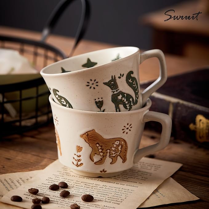 12oz Vintage Ceramic Coffee Mug Set of 4 - Handmade Stoneware Pottery Countryside Farmhouse Fall Autumn Tea Mugs with Big Handle for Latte,Cocoa,Dishwasher & Microwave Safe Cups (Animals)