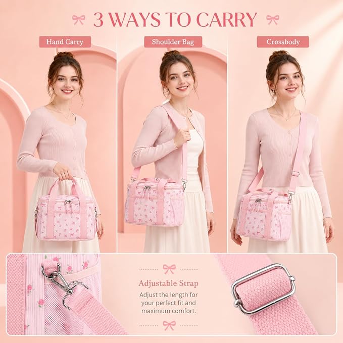 BTOOP Insulated Lunch Box for Women, Cute Corduroy Lunch Bag with Shoulder Strap, Leakproof Wide-Open Lunch Tote for Work, Office, School, Picnic Bow-Floral Pink-1