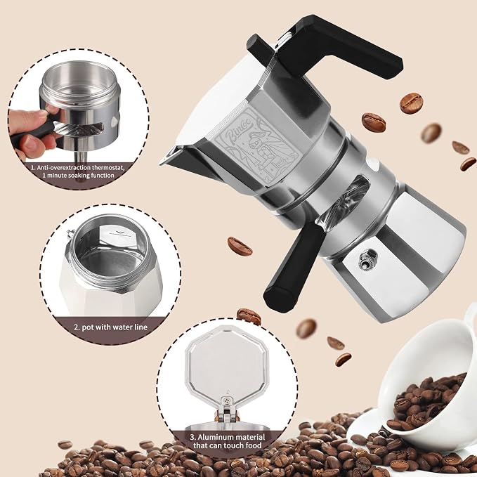Bincoo 120ML/2 Cup Stovetop Espresso Maker Double Valve Moka Pot with Thermostat Extractor,Italian Espresso Moka Pot with Powder Dispenser and Filter Paper for Home,Silver