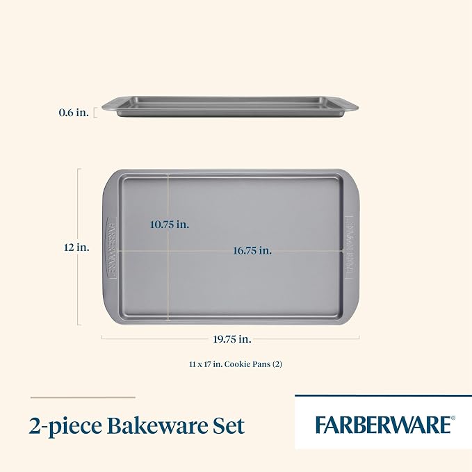 Farberware Nonstick Bakeware 11-Inch x 17-Inch Cookie Sheet Pan Set, 2-Piece, Gray