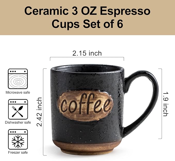 LYEOBOH Coffee Cups, Espresso Cups, Tea Cup, Coffee Mugs Set of 6, 3 oz Ceramic Espresso Cups, Cute Mini Demitasse Cups with Handle for Bar & Home Microwave & Dishwasher Safe, Black